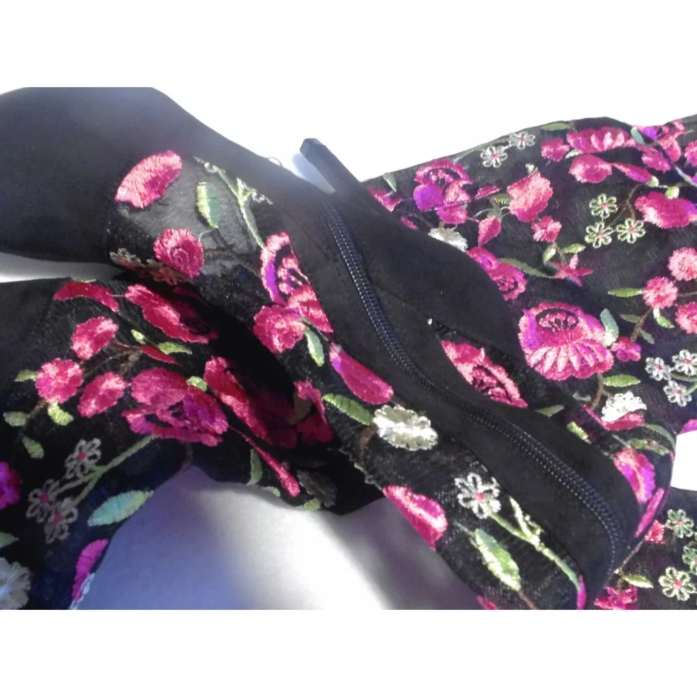 Lola Couture Floral Embroidered Over The Knee Boots Black Pink Stiletto Heel‎ 10